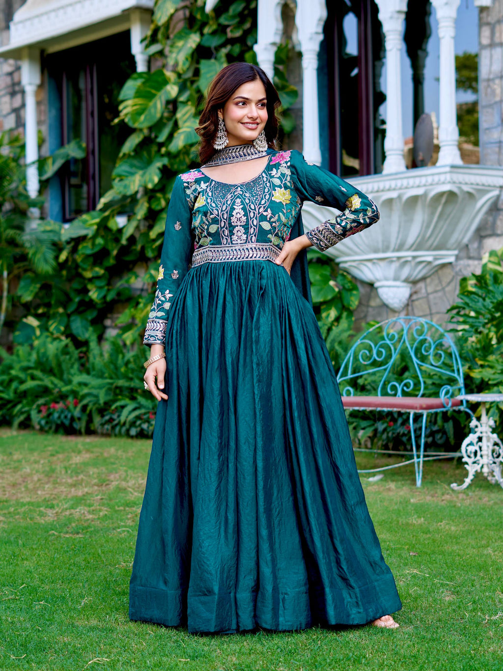 Dipa teal blue Fendy silk gown with embroidery sequins thread work and dupatta