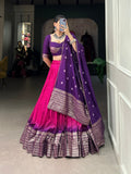 Pink Chanderi zari weaving lehenga choli with Bandhej print dupatta