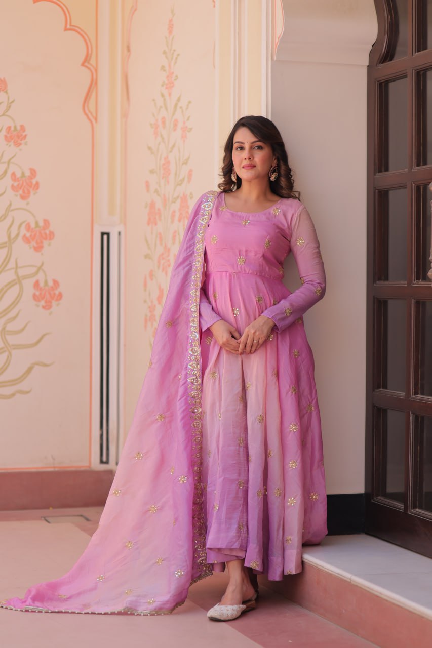 Pink organza flair gown with sequins zari embroidery and dupatta
