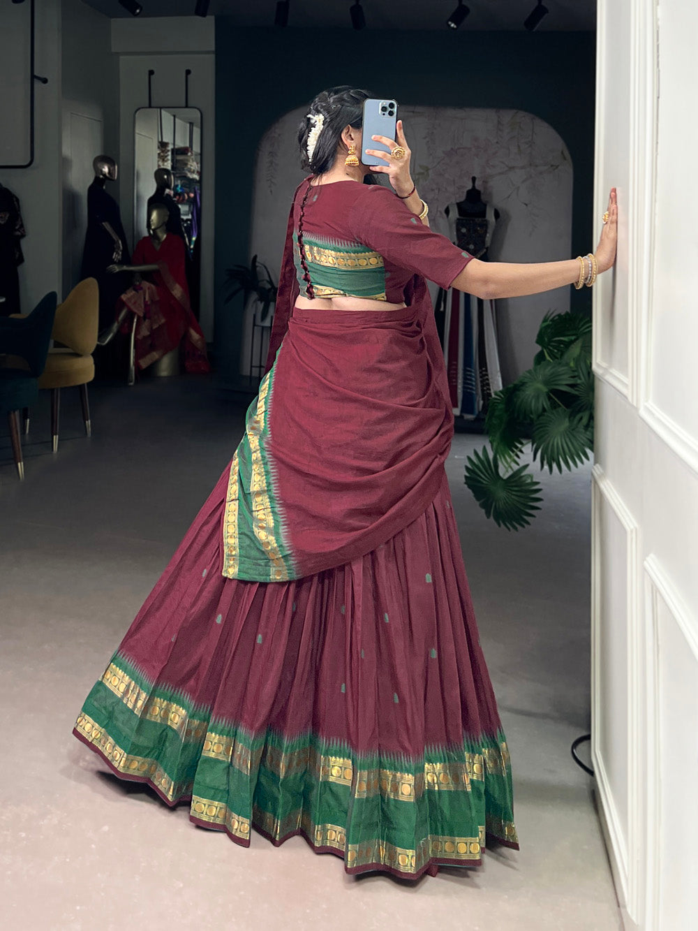 Maroon traditional Chanderi half-saree lehenga with zari work