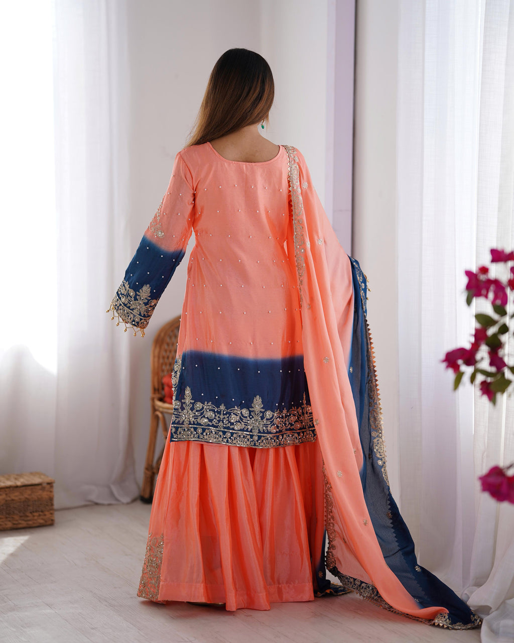 Manvisha peach embroidered sharara suit set