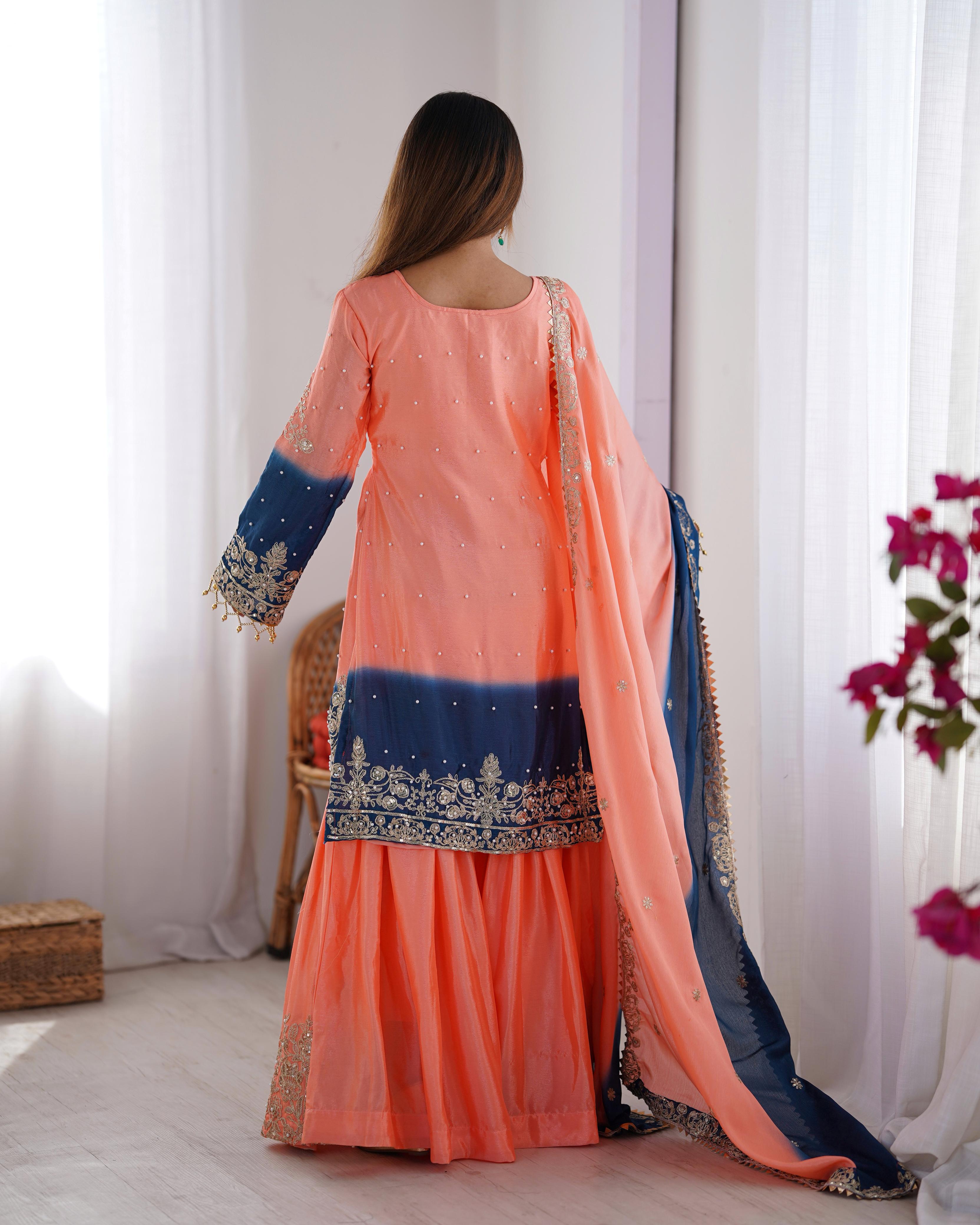 Manvisha peach embroidered sharara suit set