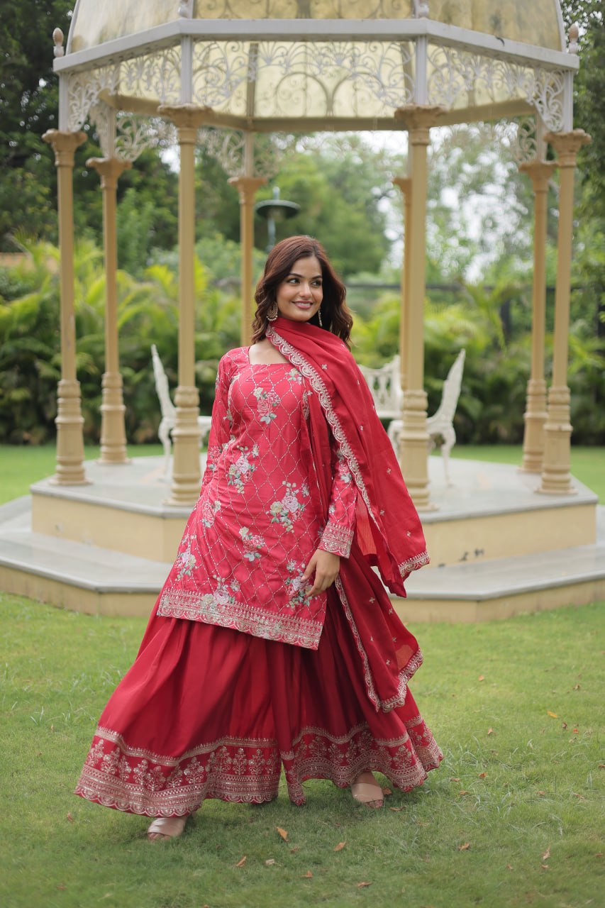 Medhasvi pink chinon embroidered kurti sharara set