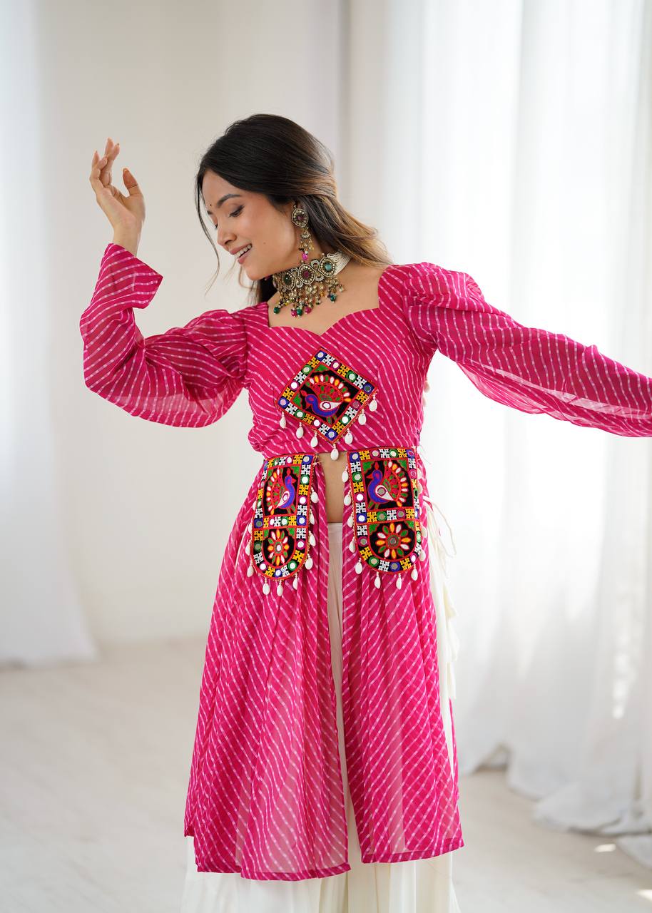 Pink georgette top with digital print and thread work butter silk Gota Patti lehenga