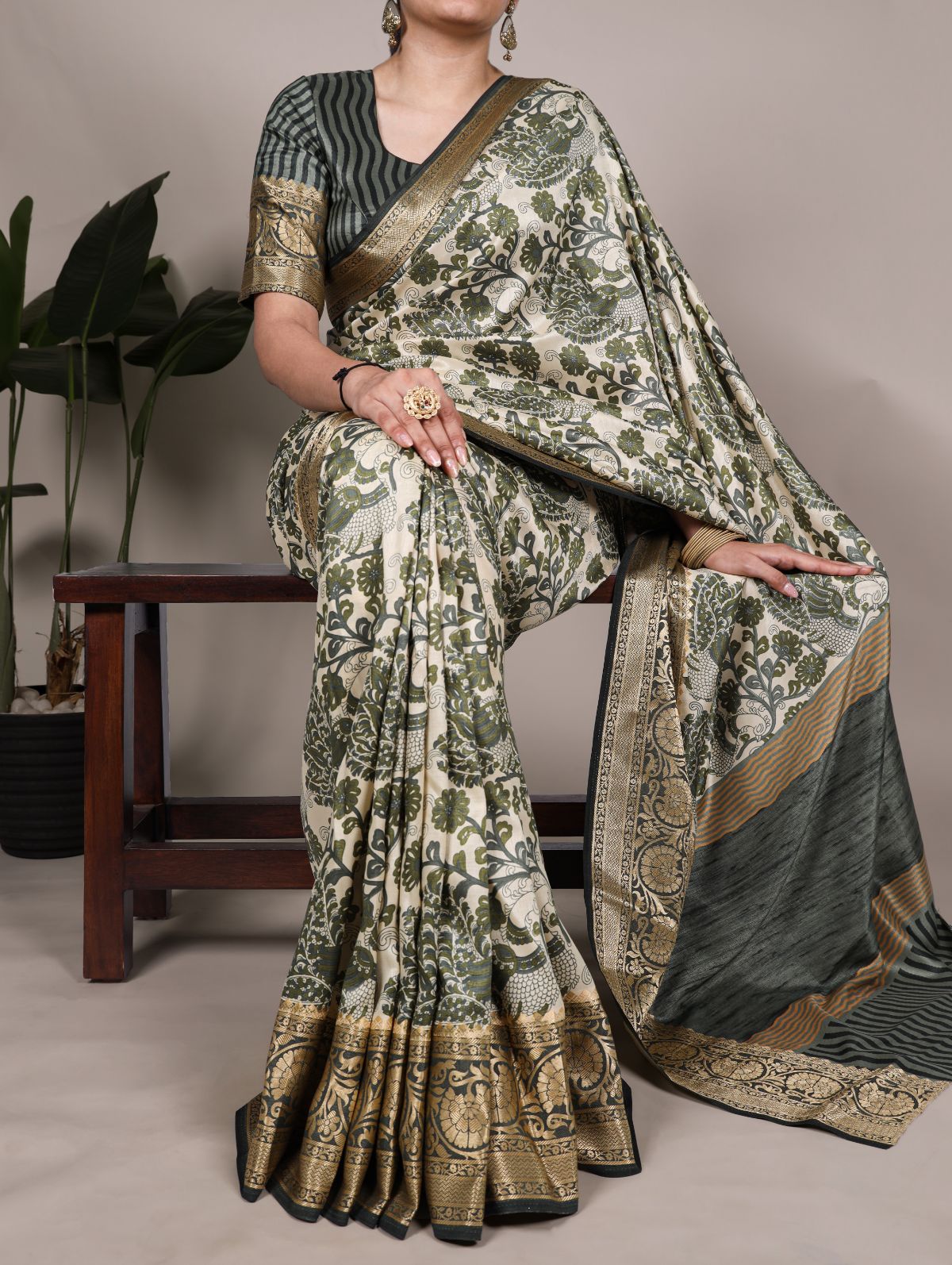 Green tasar silk printed saree with viscose border and blouse