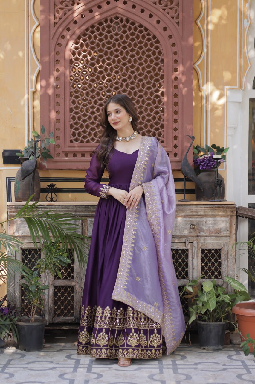 Purple star georgette embroidered zari sequins work gown with dupatta
