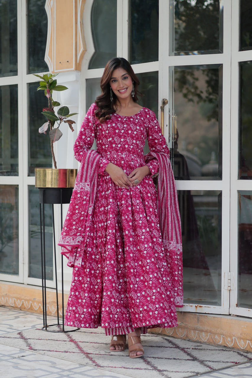 Pink cotton Mahi designer Anarkali suit with dupatta