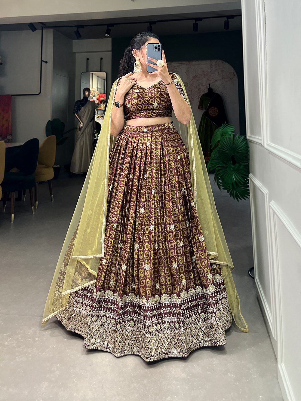 Brown chinon lehenga choli with digital print and embroidery sequins work