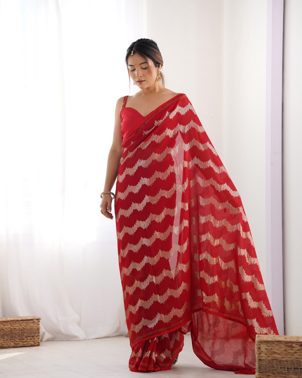 Red georgette saree with sequin & Seroski diamond work, bridal party wear saree with satin blouse, designer ethnic wear by Trinaari for weddings.