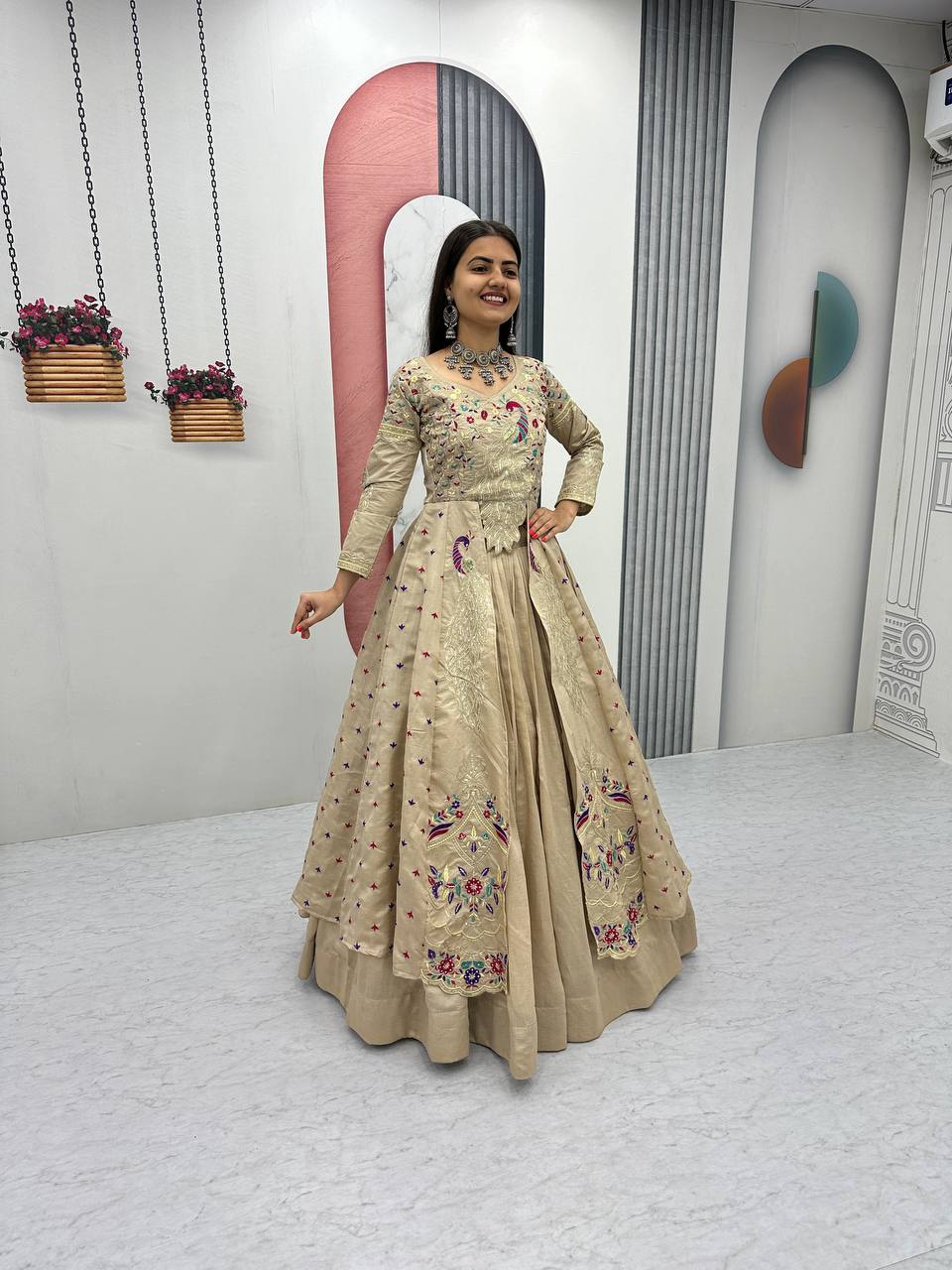 Mani beige Vichitra silk crop top peacock design lehenga with embroidered shrug