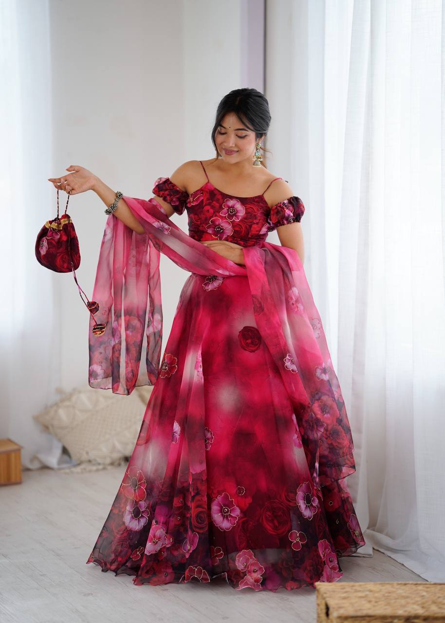 Red pure organza digital print zari work lehenga choli with batwa bag