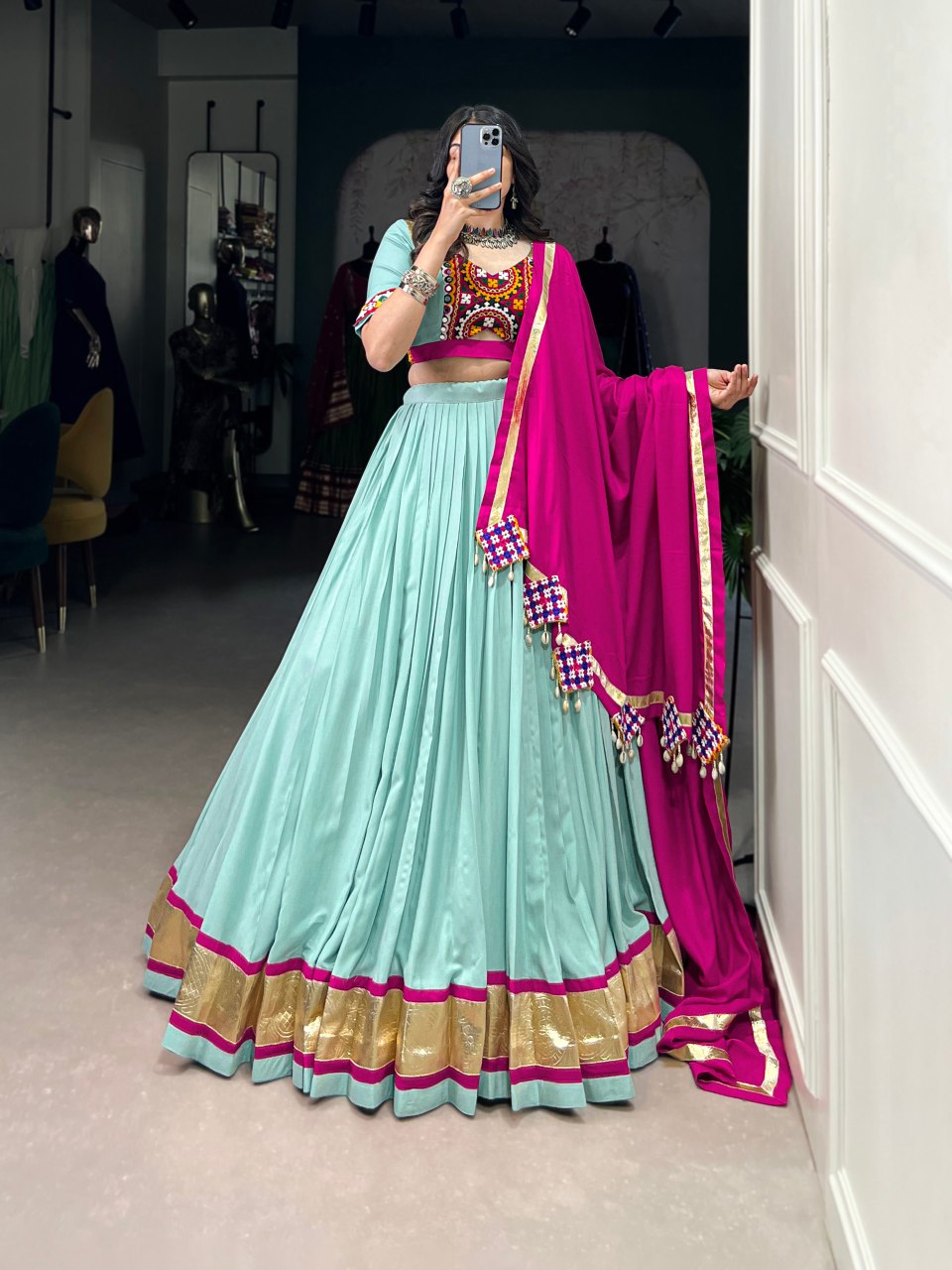 Mint green pure rayon lehenga choli with mirror Gamthi work and Kodi lace dupatta