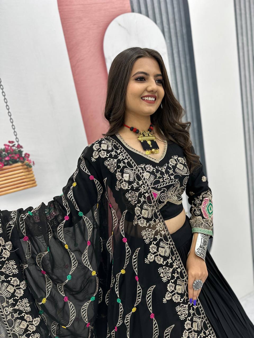 Black pure cotton embroidered sequins work lehenga choli