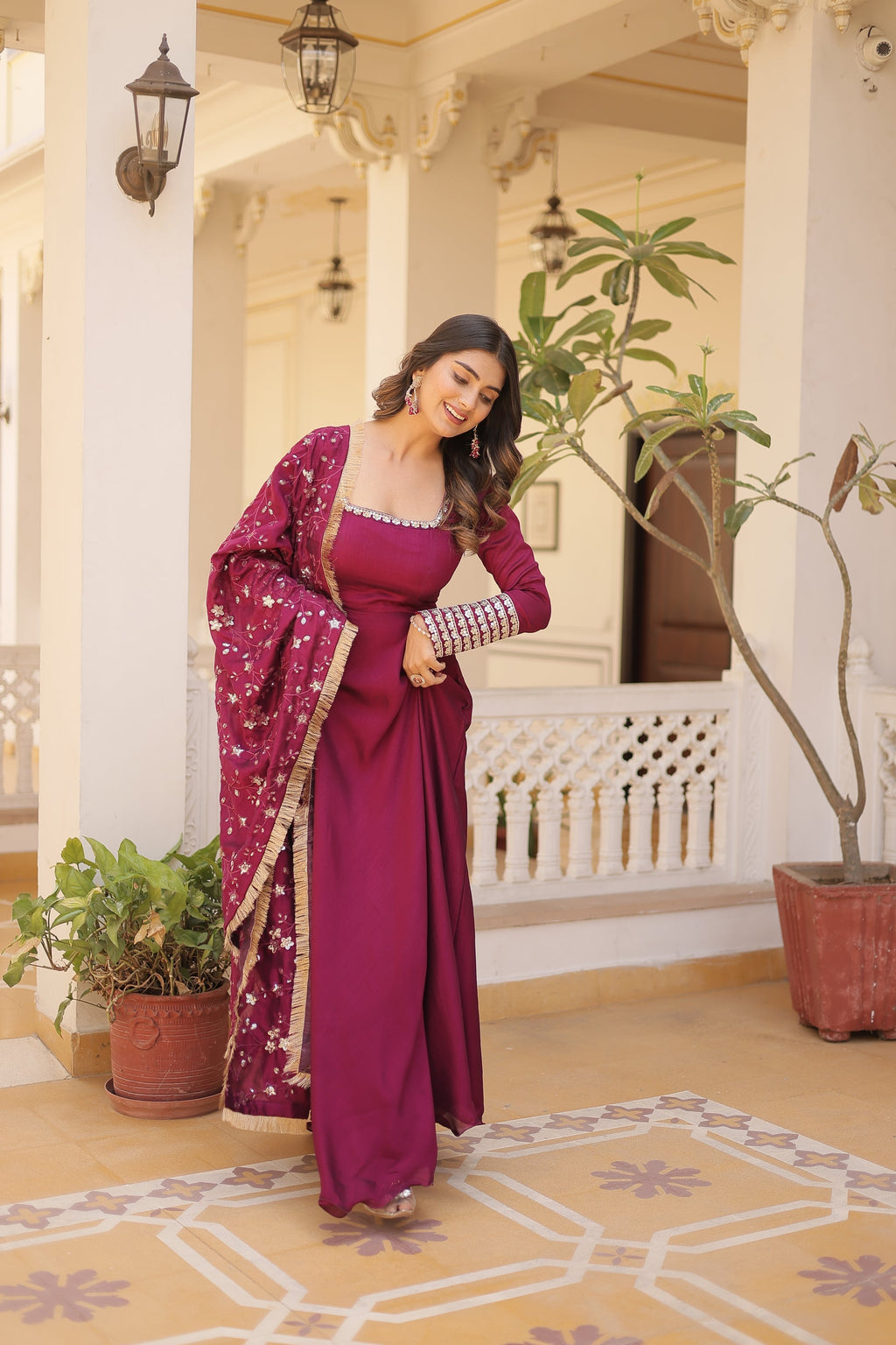 Magenta Vichitra silk Aparajita designer Anarkali gown