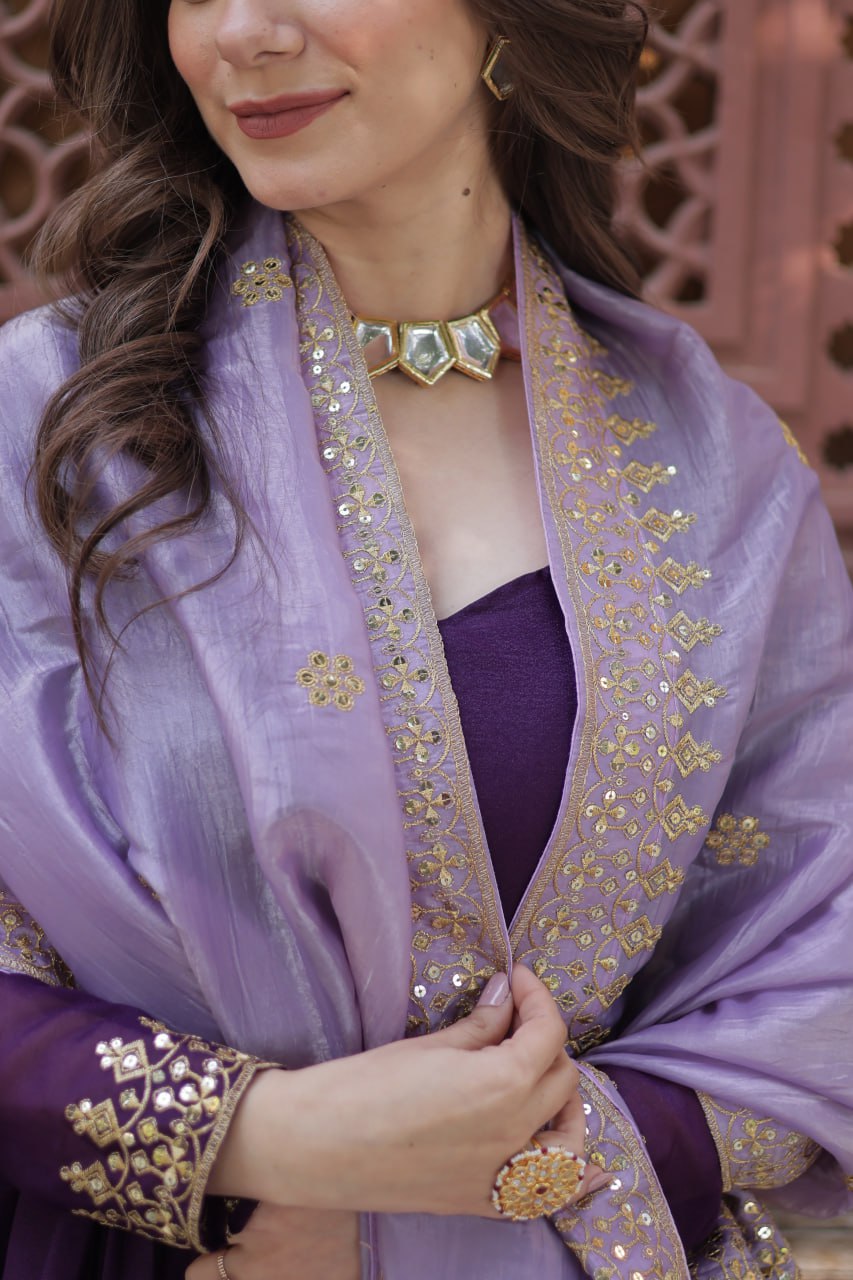 Purple star georgette embroidered zari sequins work gown with dupatta