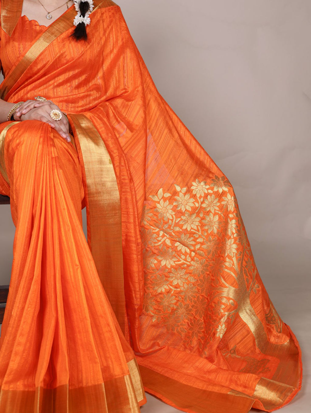 Orange raw silk zari weaving saree with unstitched blouse