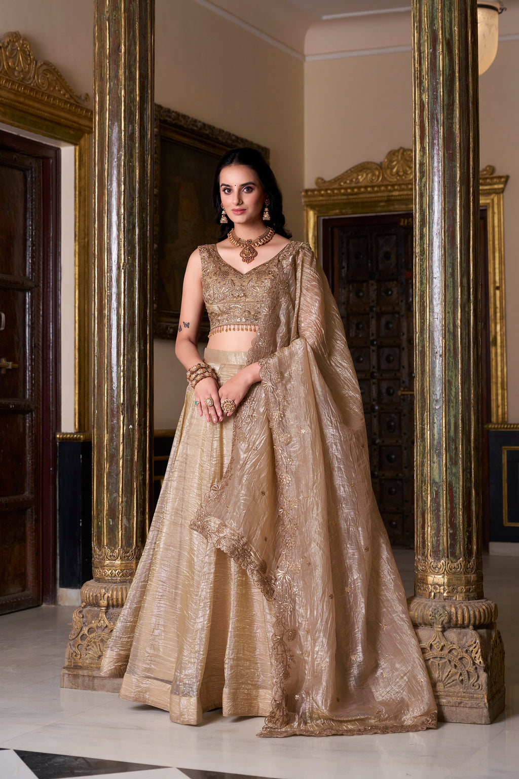 Antique golden gold crush lehenga choli with sequins embroidered dupatta