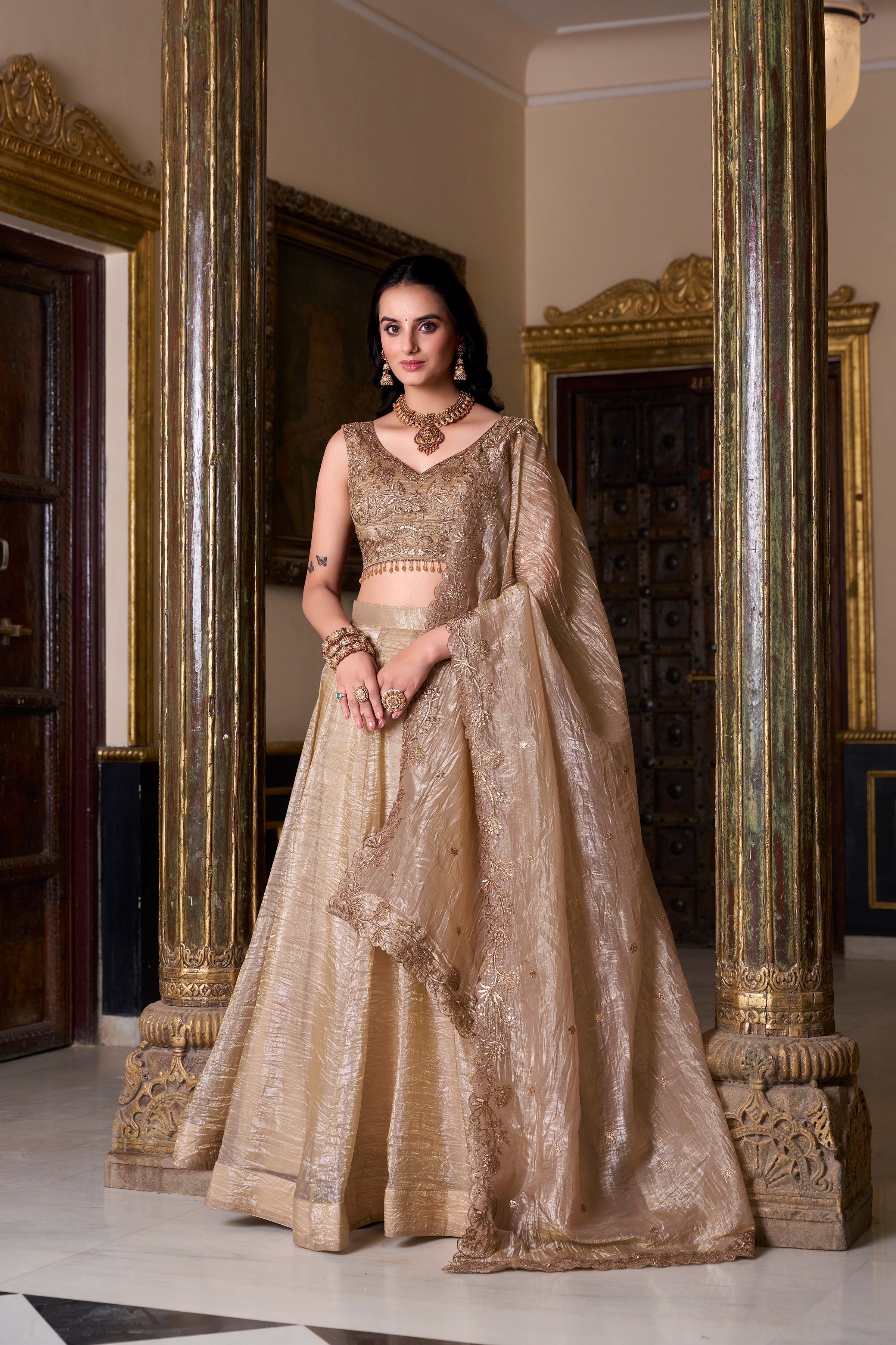 Antique golden gold crush lehenga choli with sequins embroidered dupatta