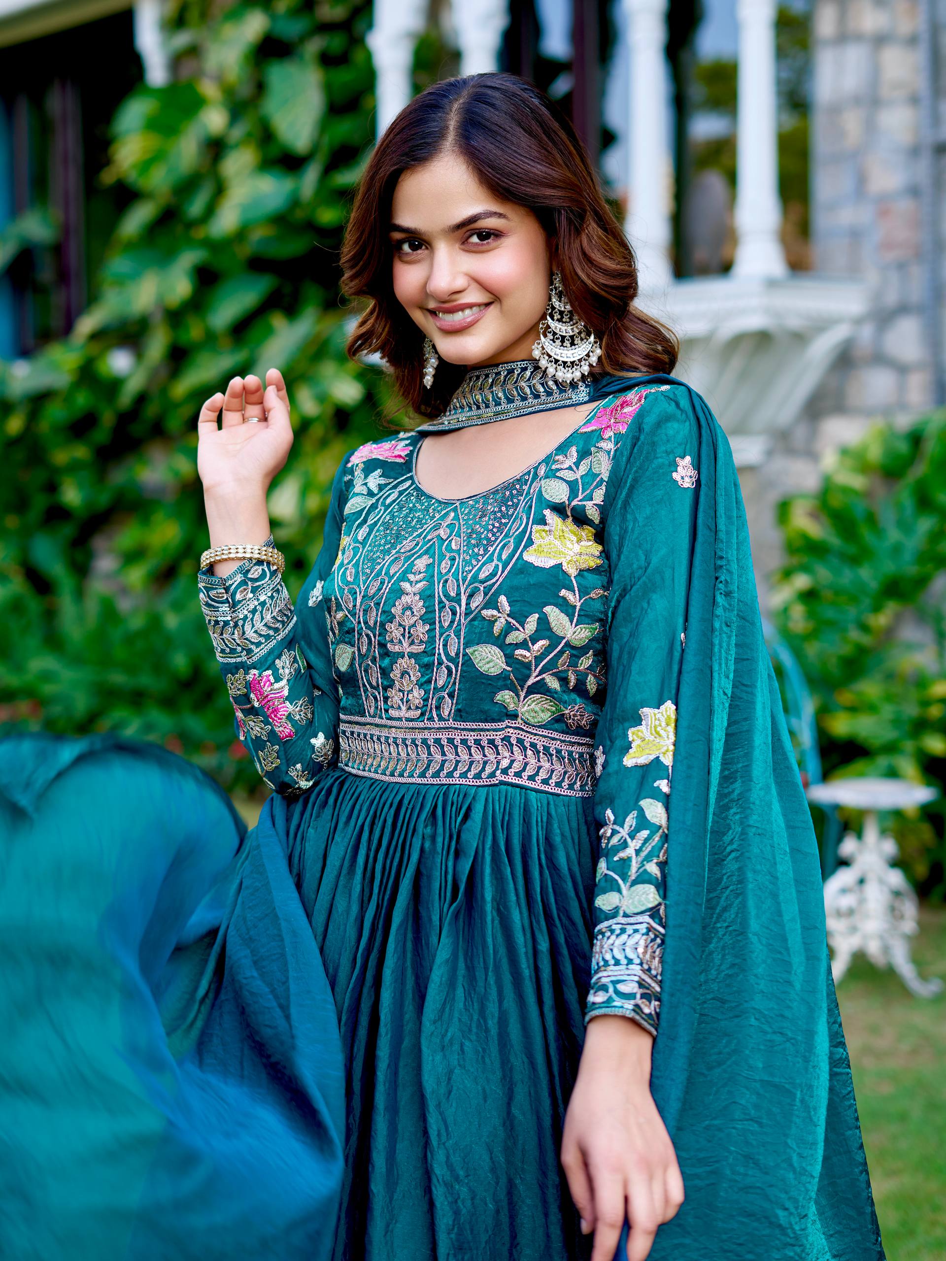 Dipa teal blue Fendy silk gown with embroidery sequins thread work and dupatta
