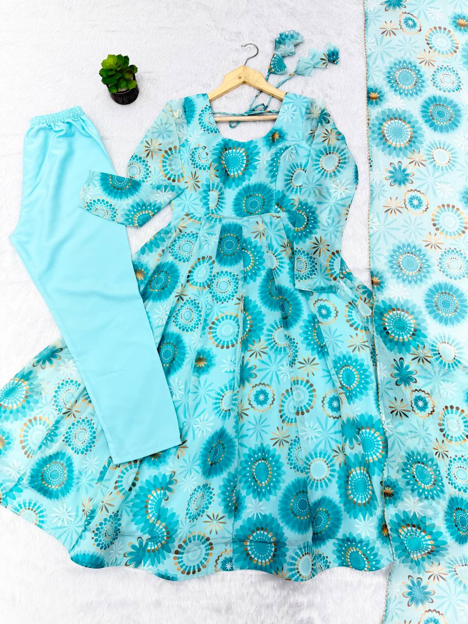 Sky blue georgette floral printed Anarkali suit for women