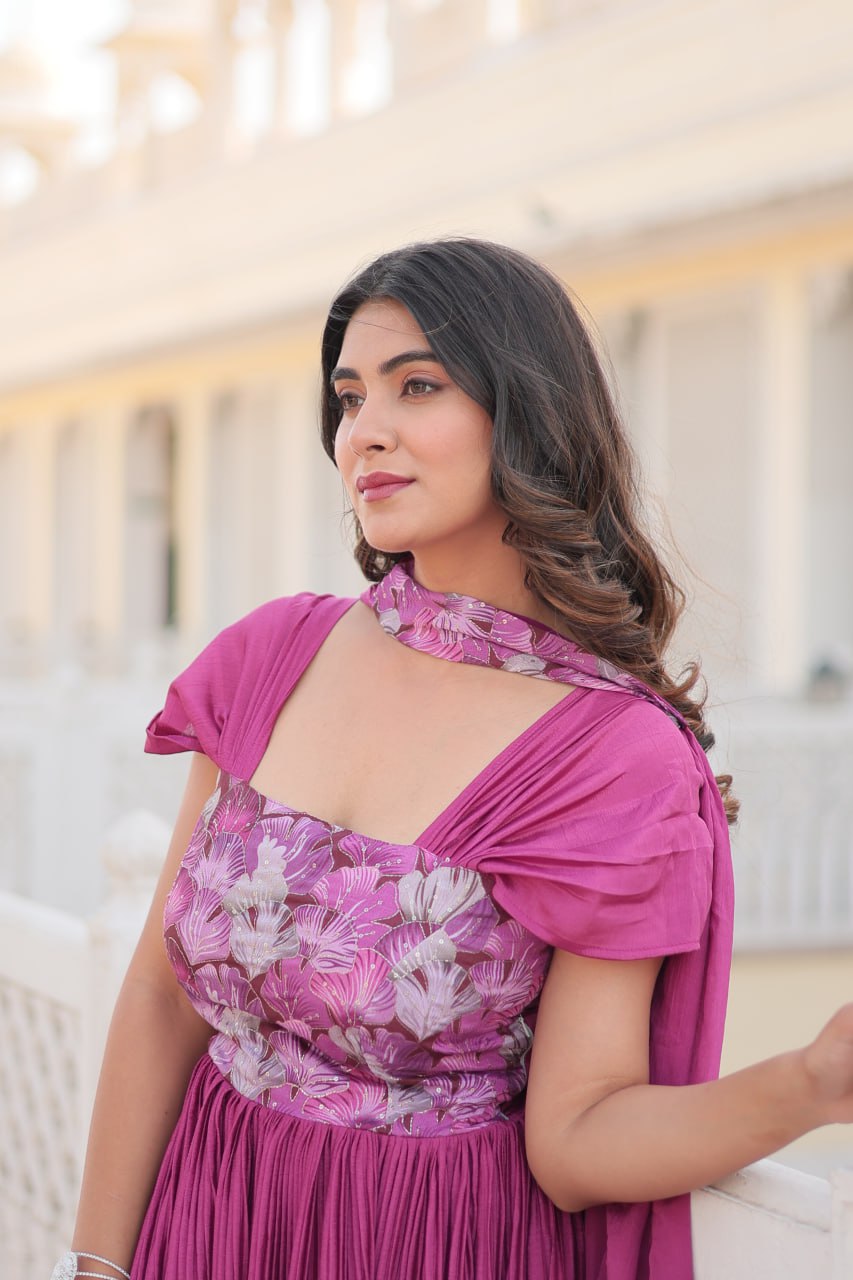 Shanta chinon pink printed anarkali gown set