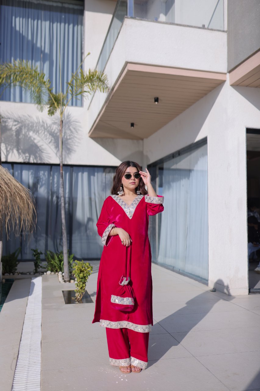 Elvya rani pink velvet kurti set with zari embroidered mirror work
