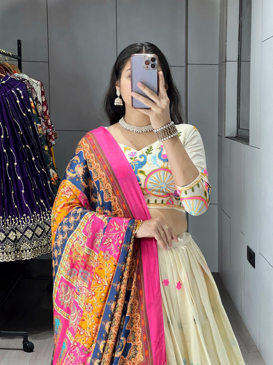Off-white cotton embroidered lehenga with pink Gaji silk dupatta