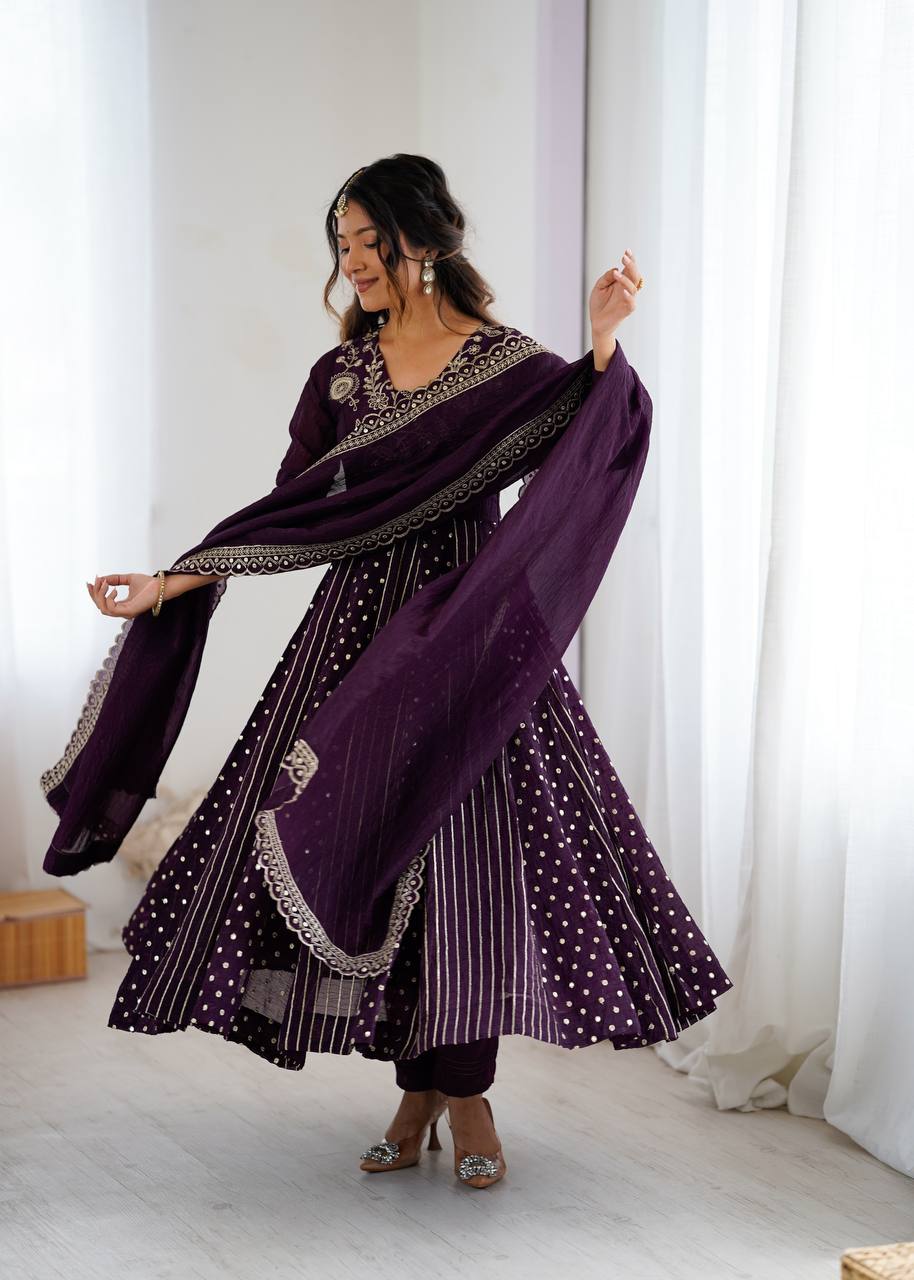 Purple traditional silk Anarkali suit set for women