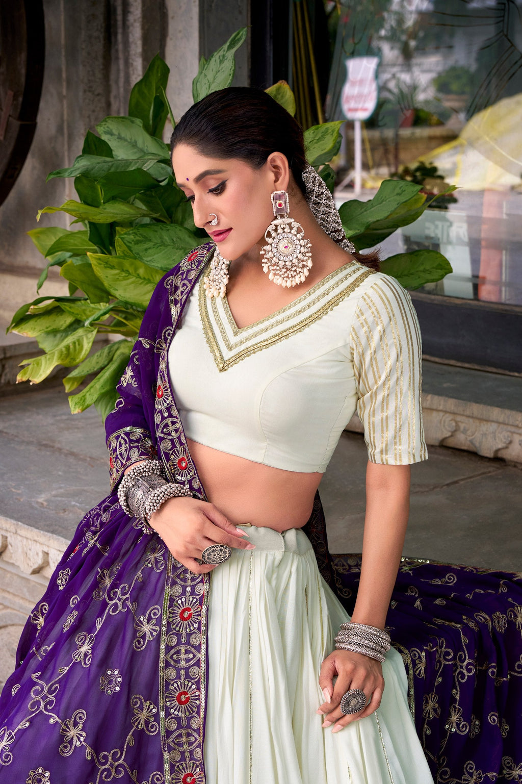 White pure rayon lace work lehenga choli with georgette sequins dupatta