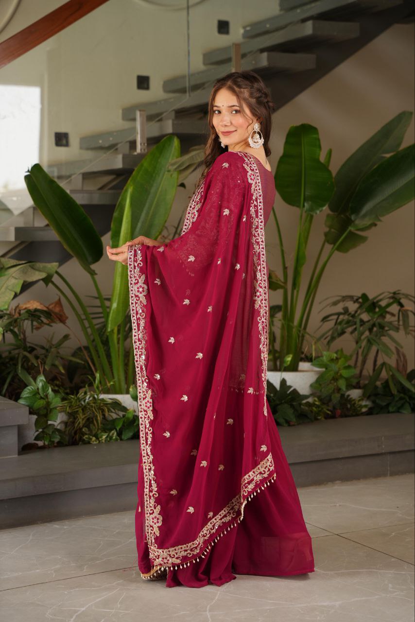 Maroon crazy silk embroidered kurti palazzo set with dupatta