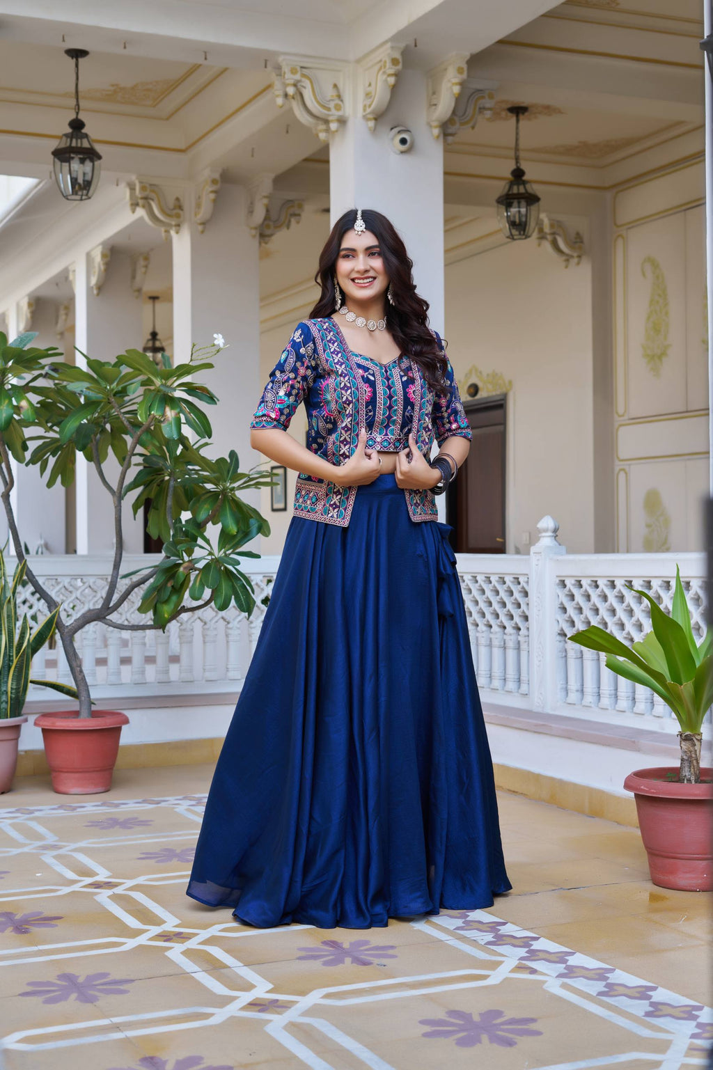 Devisha blue Vichitra silk lehenga choli with embroidered koti