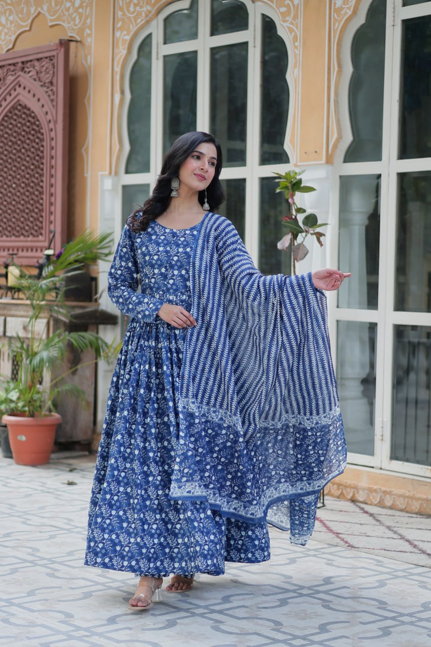Mahi blue pure cotton anarkali set with dupatta