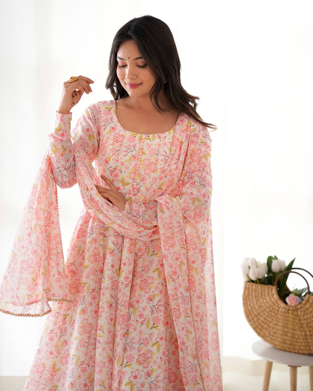 Pink orange chiffon floral Anarkali suit for wedding functions
