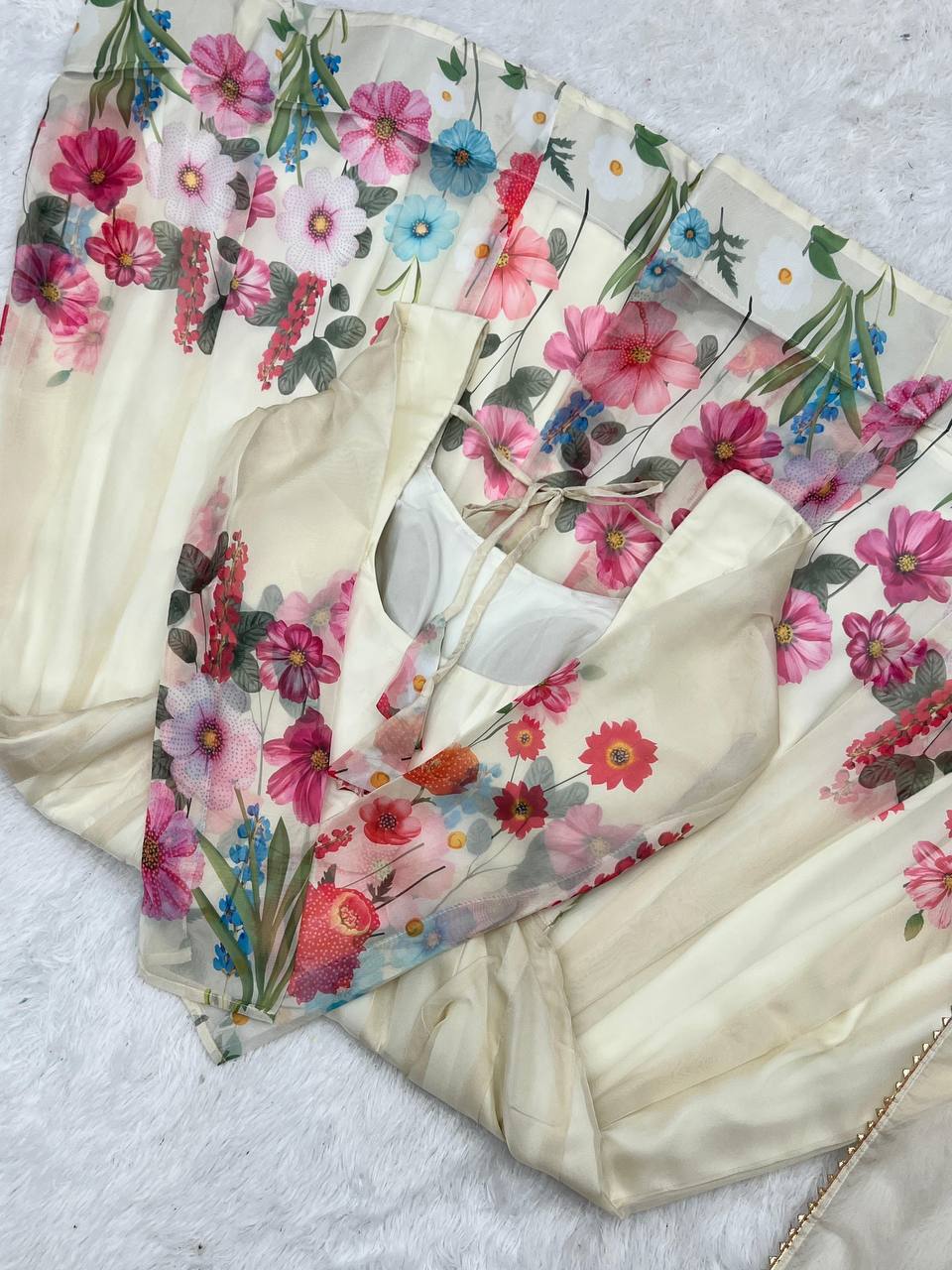 Darshika white organza floral printed Anarkali suit set