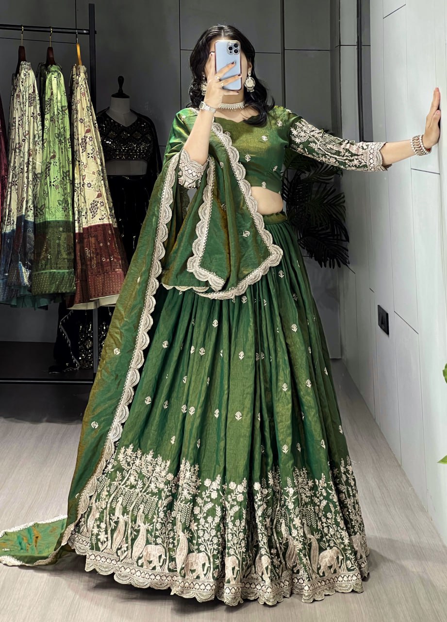 Dipa olive green Vichitra silk embroidered lehenga choli with dupatta