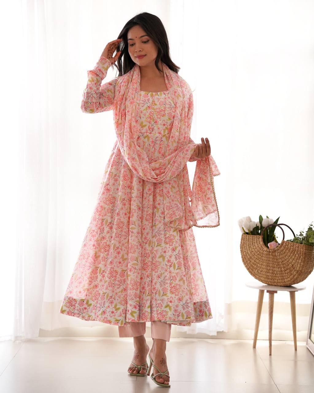 Pink orange chiffon floral Anarkali suit for wedding functions