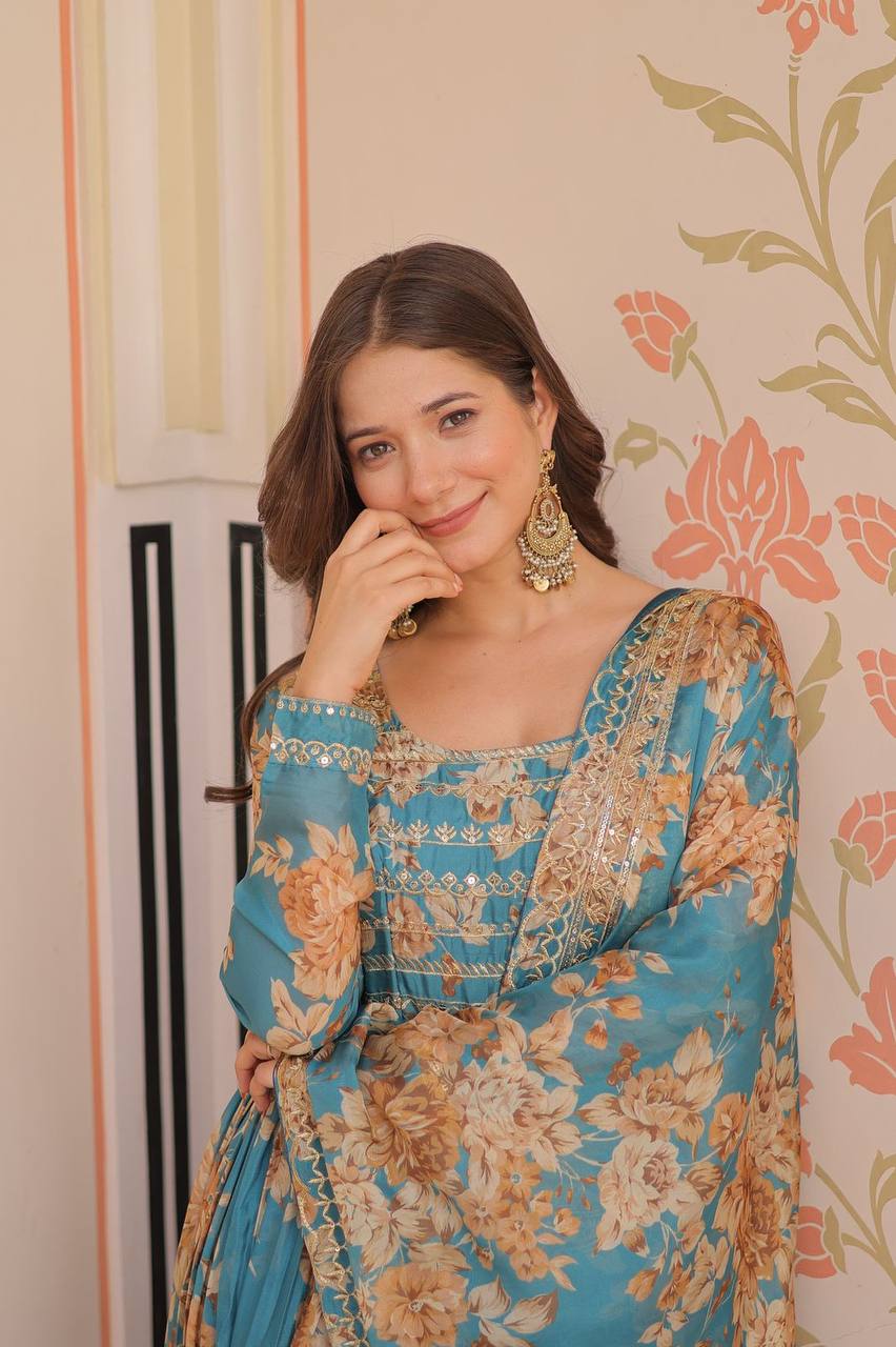 Teal blue Russian silk printed gown with embroidered sequins work and dupatta