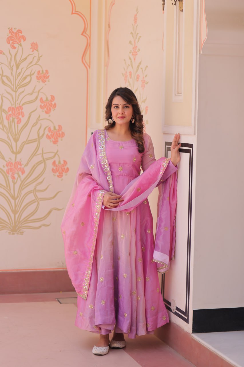 Pink organza flair gown with sequins zari embroidery and dupatta