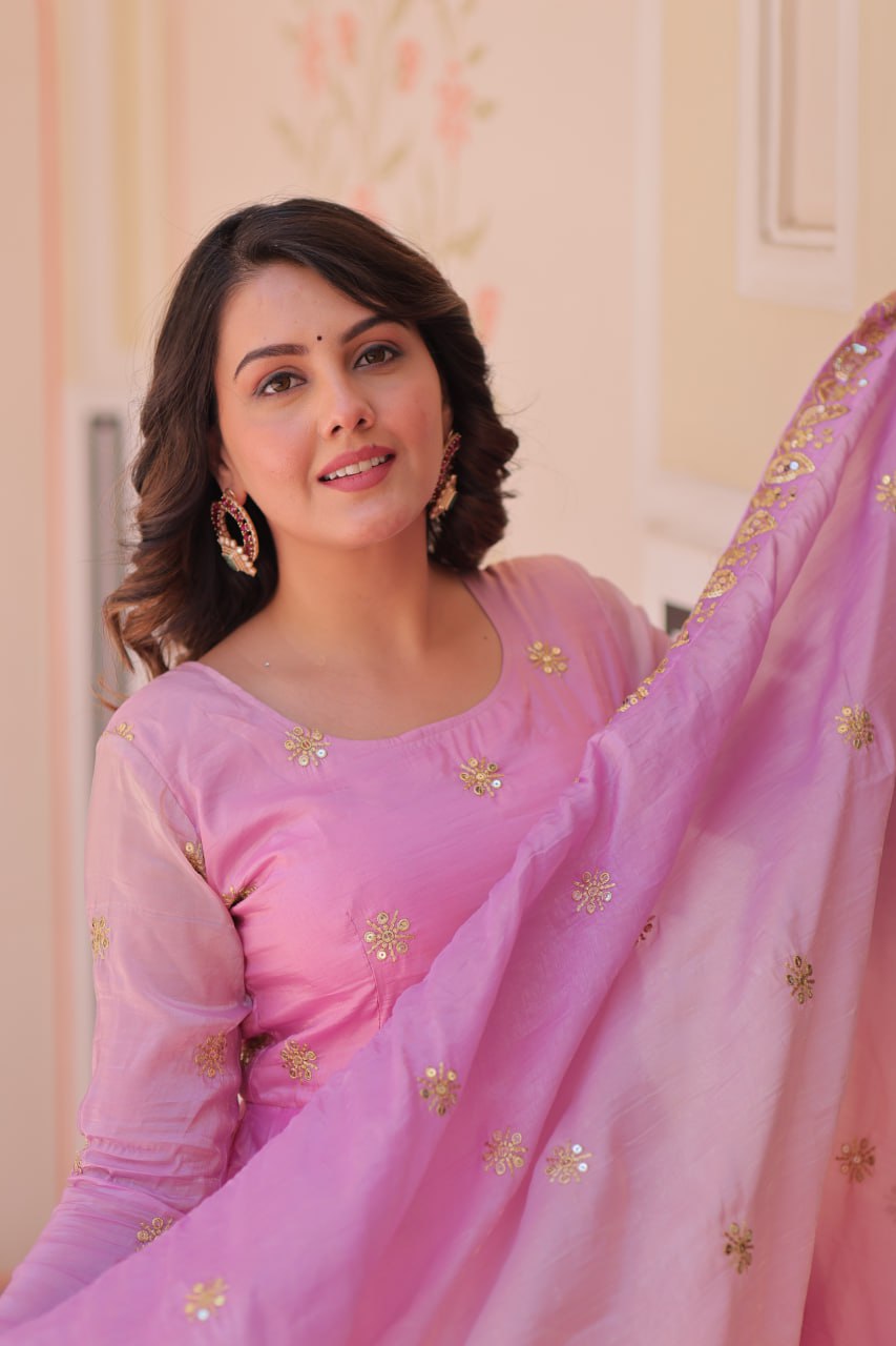 Pink organza flair gown with sequins zari embroidery and dupatta
