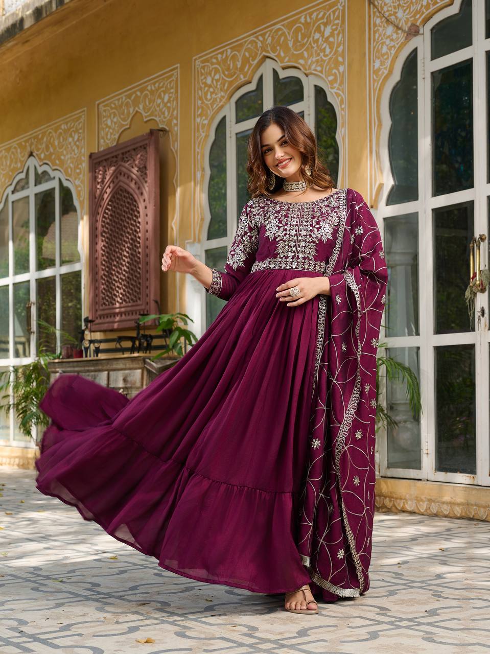 Piya wine Vichitra silk gown with sequins embroidery and dupatta