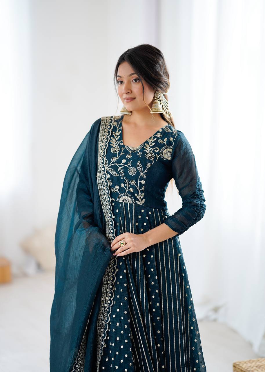 Teal green crunchy silk embroidered Anarkali suit set