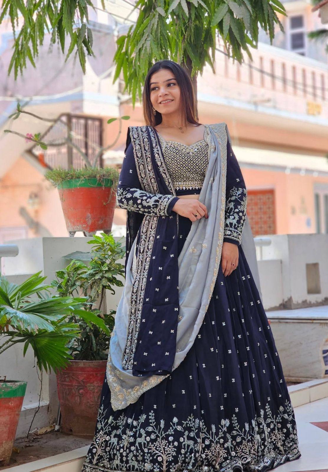 Navy Blue Fox Georgette Heavy Embroidered Designer Lehenga Choli with Dupatta