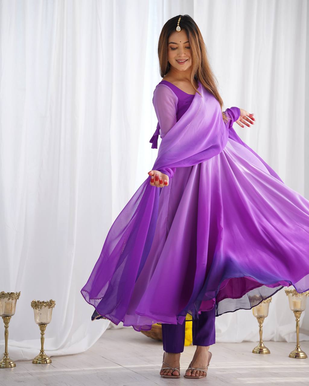 Purple georgette Anarkali gown with dupatta, printed flair gown set, party wear Anarkali set for women—fully stitched festive Trinaari outfit.
