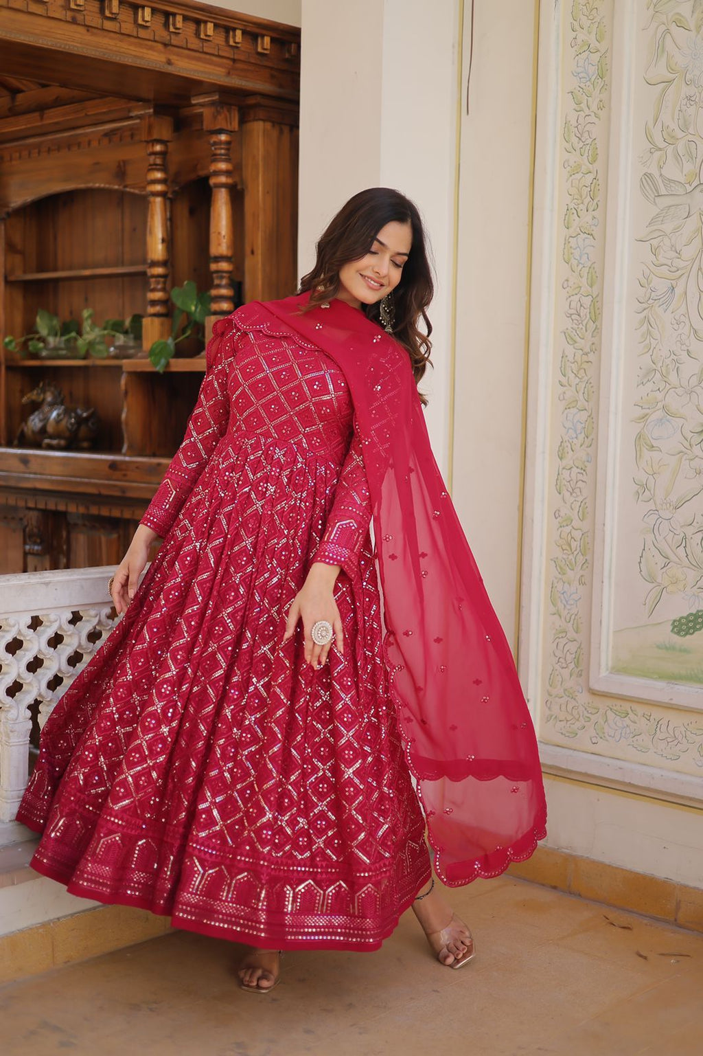 Radiant pink floral gown with dupatta set