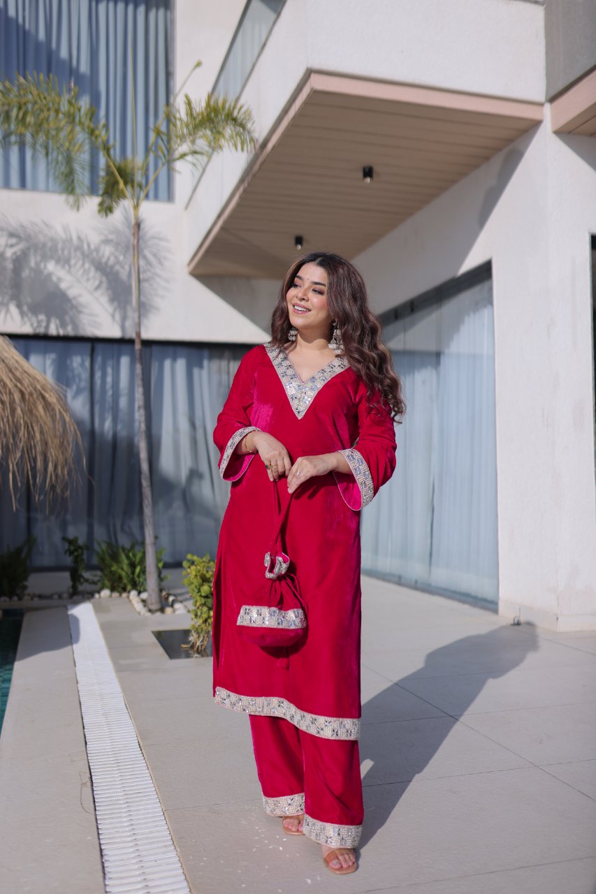 Elvya rani pink velvet kurti set with zari embroidered mirror work