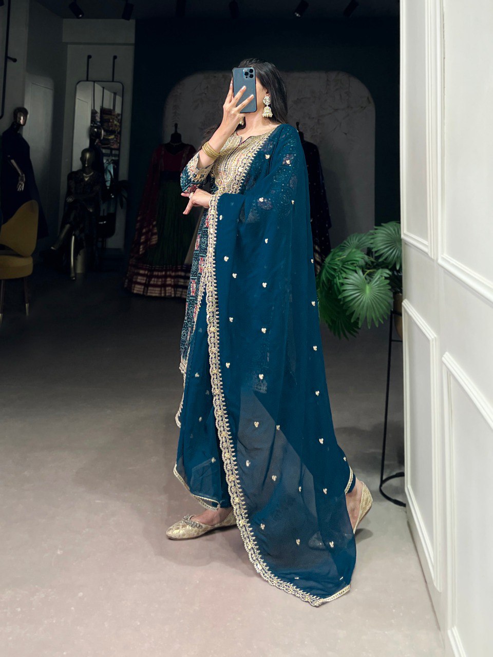 Teal blue rayon kurti set with embroidered organza dupatta