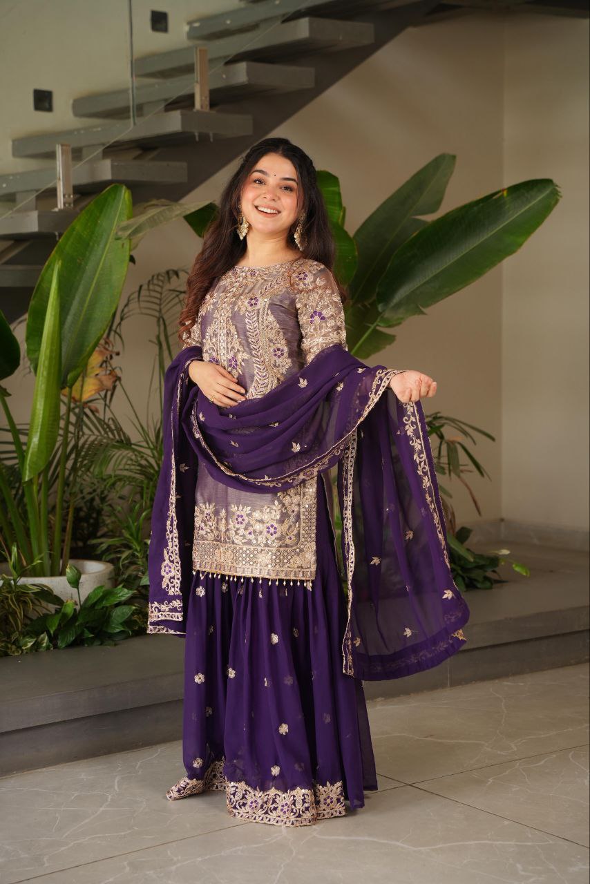 Purple crazy silk embroidered kurti palazzo set with dupatta