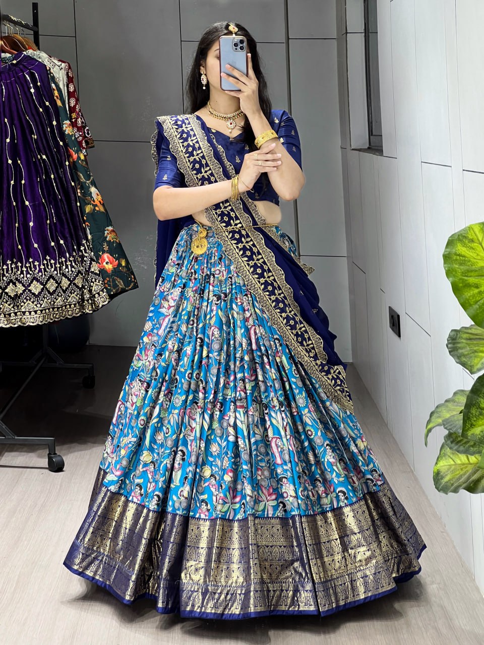 Blue Kalamkari soft dola silk half saree lehenga with embroidered dupatta