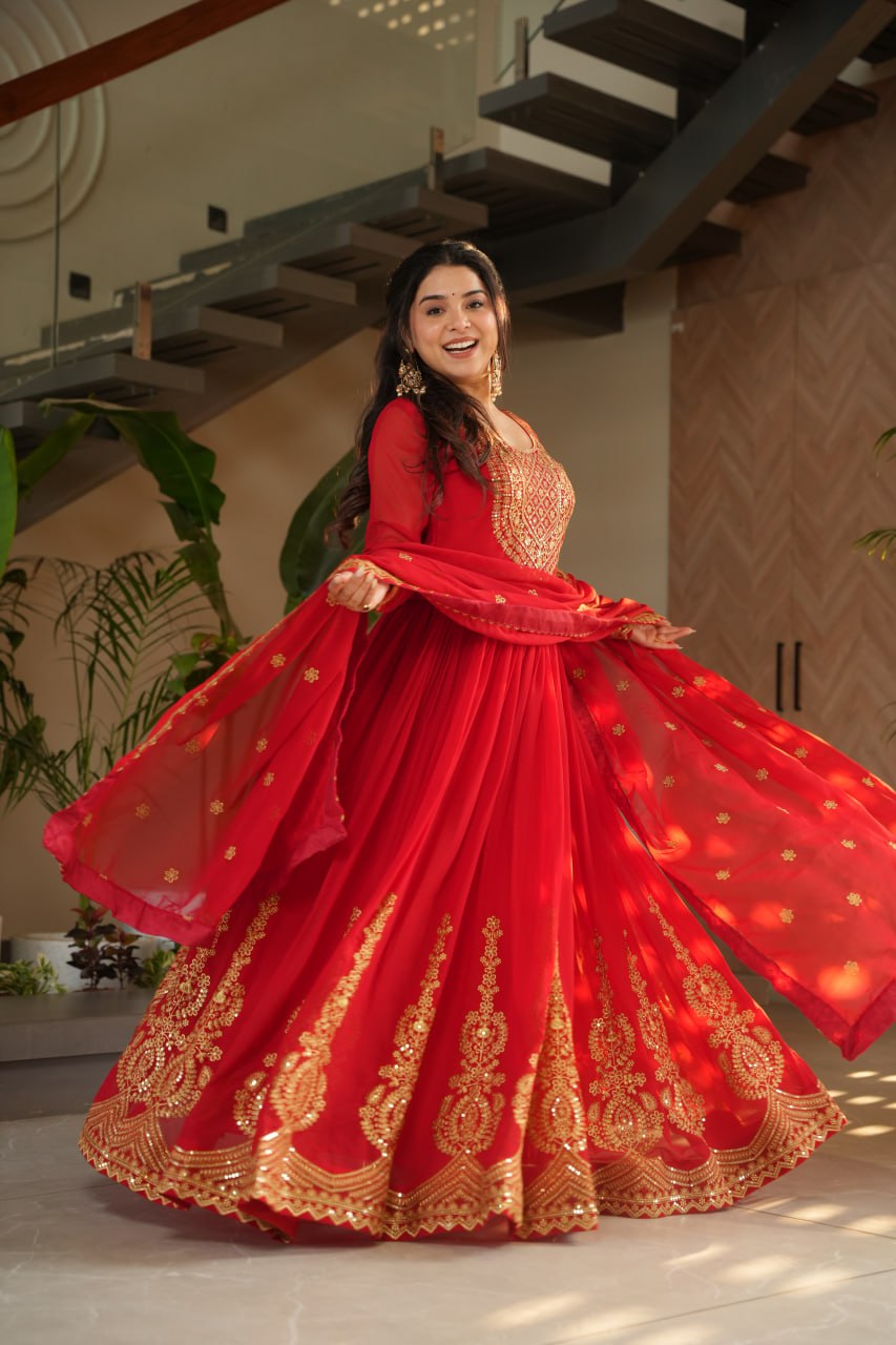 Red party wear gown with dupatta, Indian wedding dress, embroidered gown for women, full sleeve gown design—Trinaari stitched ethnic outfit.