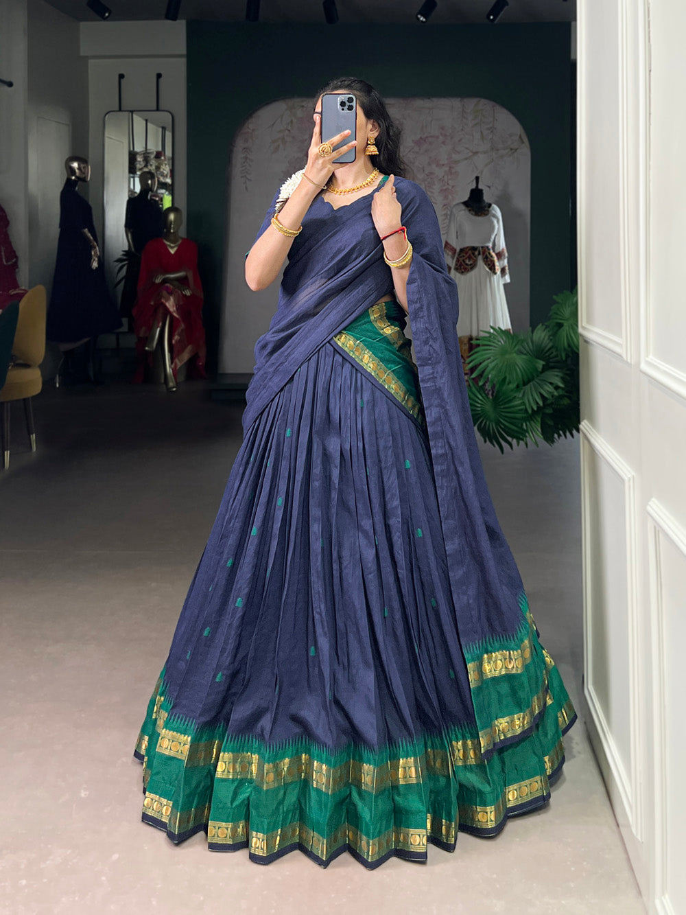 Navy blue Chanderi half-saree lehenga with zari weaving design
